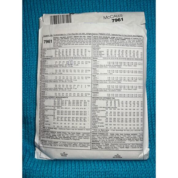 McCalls 7961 Sewing pattern jacket dress top tunic pull on pants size 12 14 16 - Picture 3 of 7